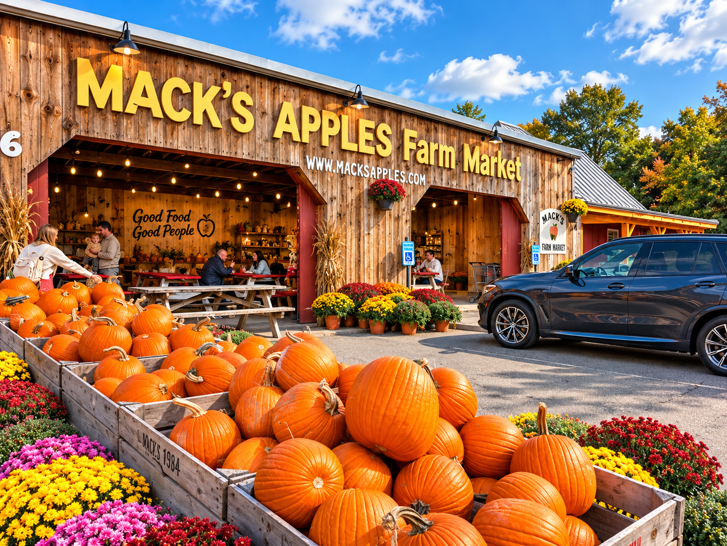 Pumpkins and autumn flowers outside Mack’s Apples Farm Market