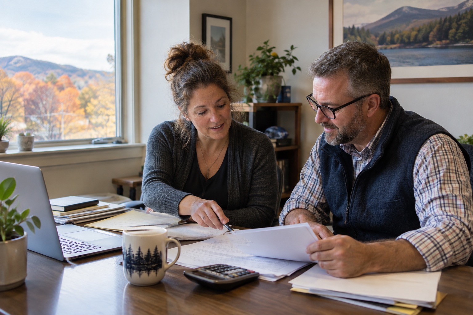 Illustrative image of an accountant and small-business owner reviewing financial documents at a desk