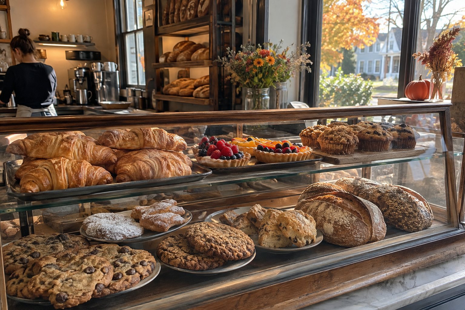 An inviting neighborhood bakery case filled with croissants, fruit tarts, muffins, cookies and rustic bread