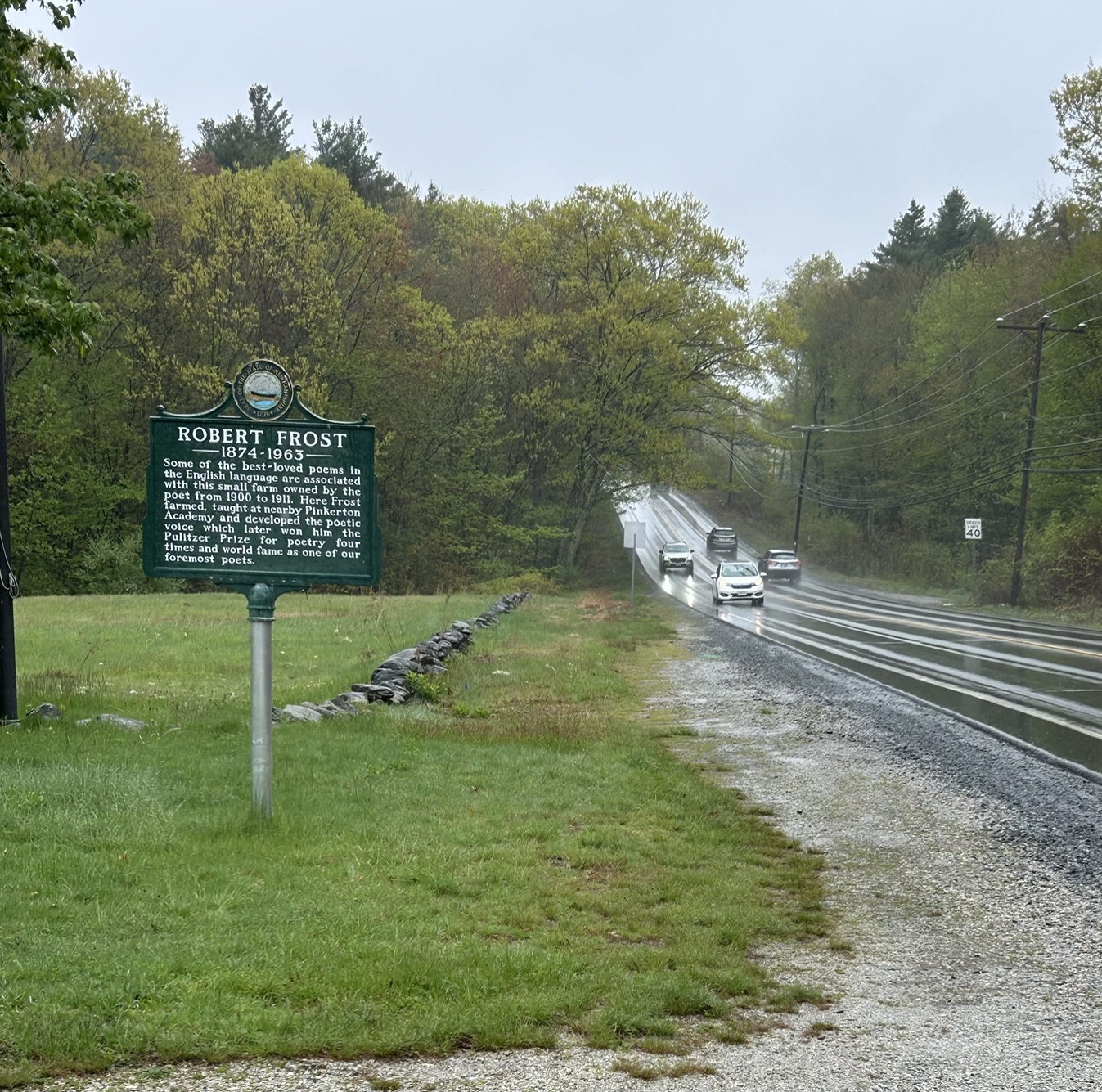 Robert Frost historical marker beside Rockingham Road in Derry