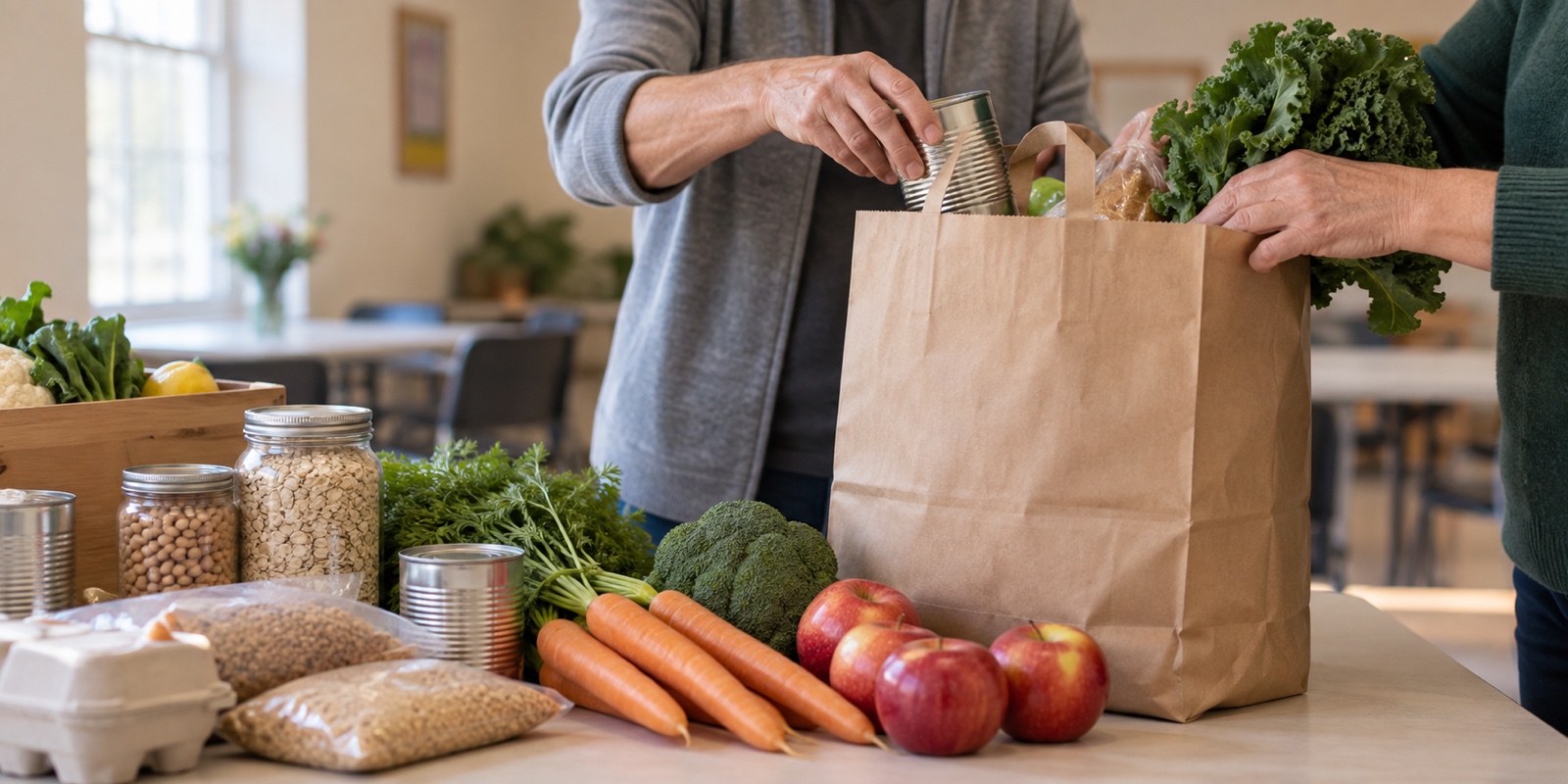 Illustrative image of volunteers packing groceries into a paper bag