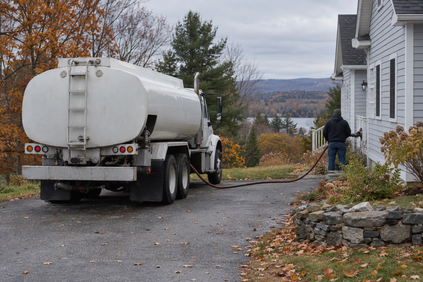Unbranded heating-oil delivery truck beside a New Hampshire home on an autumn morning