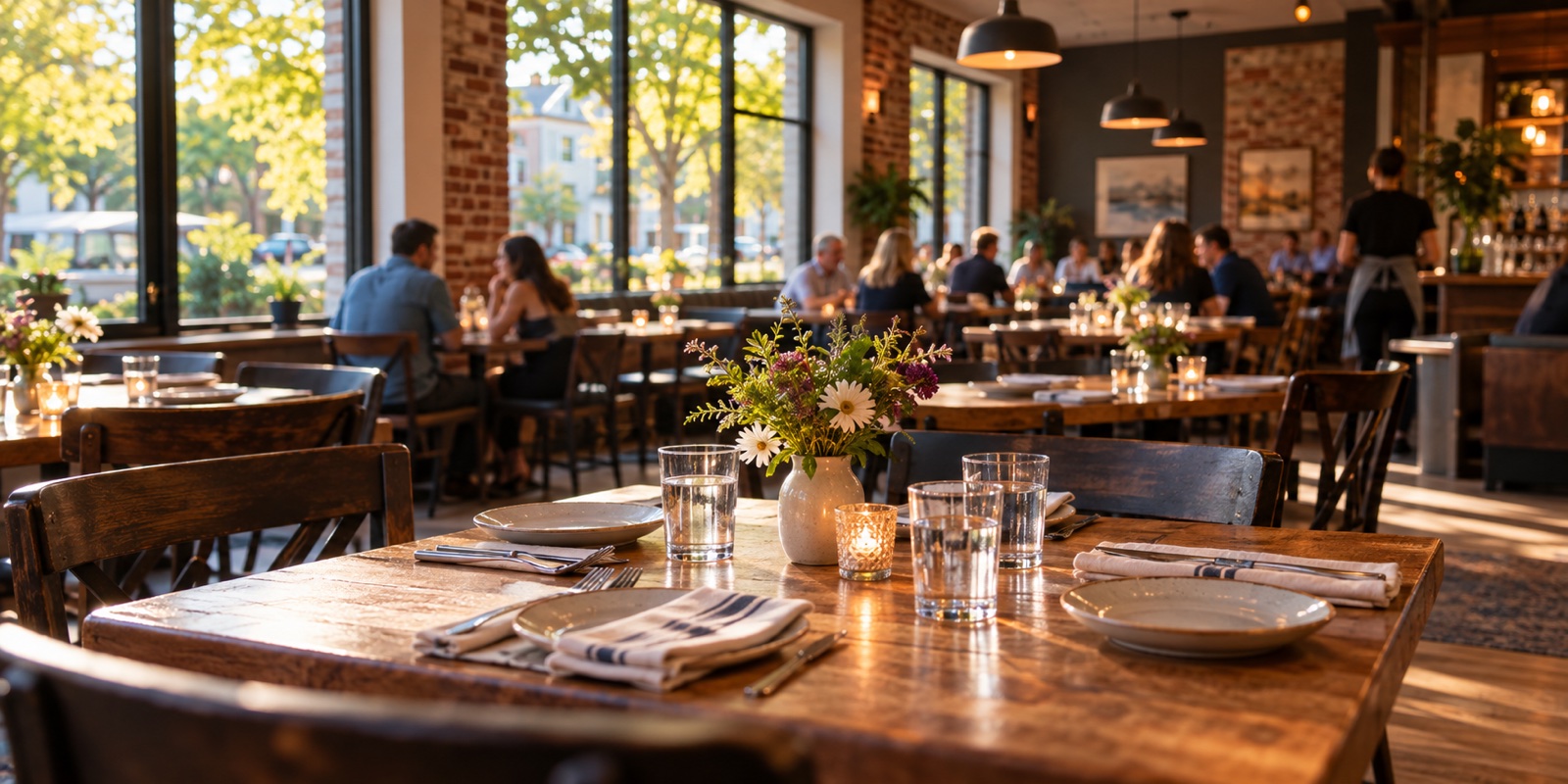Illustrative table set for dinner in a welcoming Southern New Hampshire restaurant