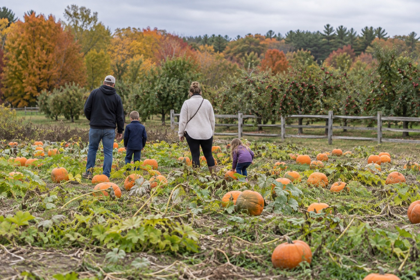 Illustrative family choosing pumpkins at a small New England farm