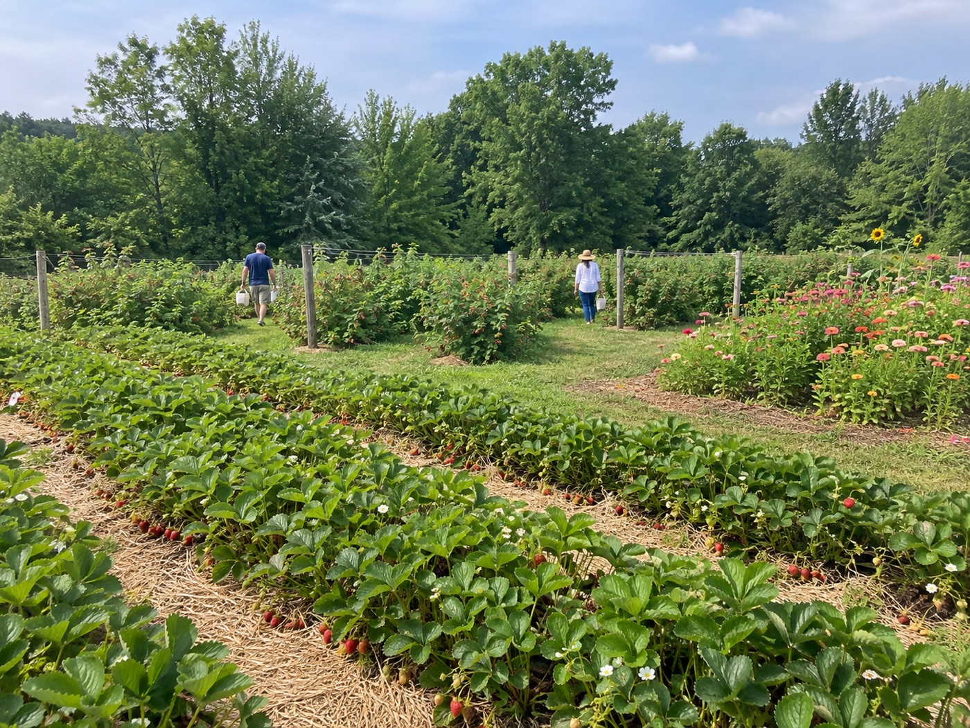 Illustrative basket of summer berries beside flowers at a New England farm