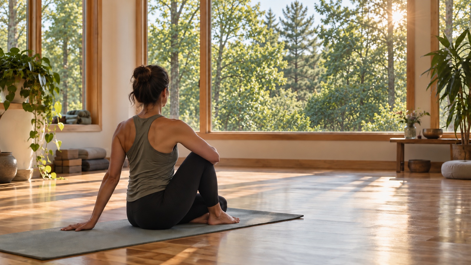 Person practicing seated yoga in a sunlit studio overlooking leafy southern New Hampshire trees